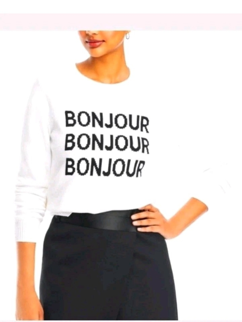 Karl Lagerfeld Paris Bonjour Pullover Sweater Womens L Large White Crew Neck